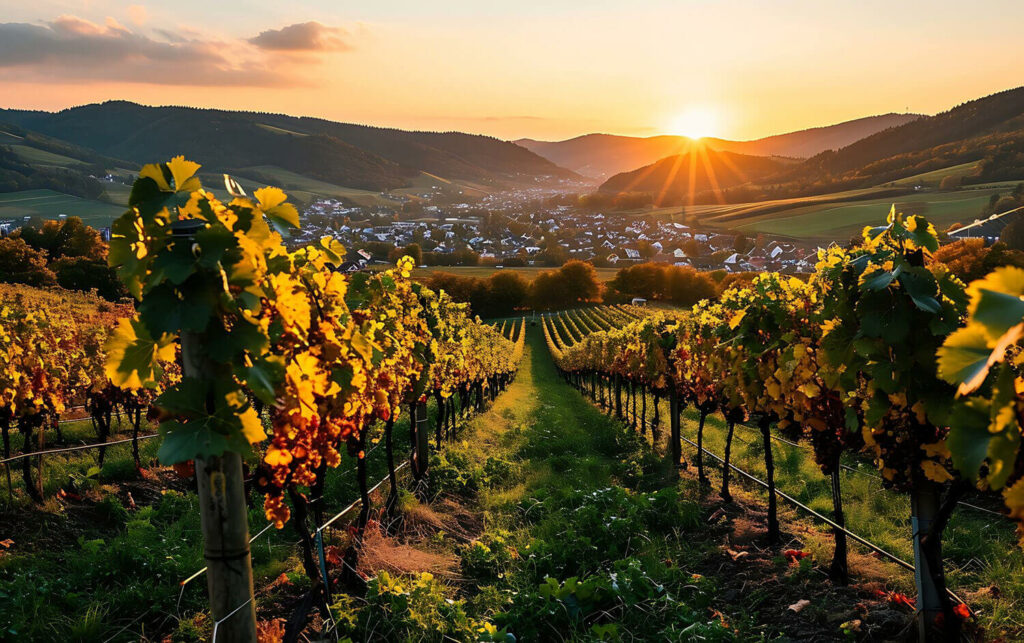 Blick in den Weinberg mit Sonnenuntergang